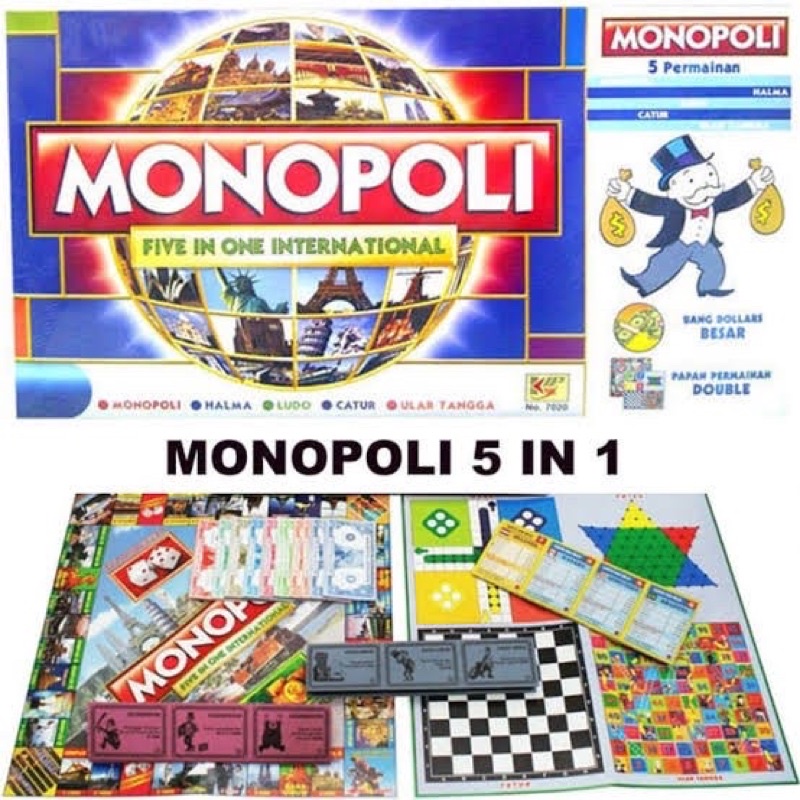 mainan monopoli set 5 in 1 free halma ludo catur ular tangga board game monopoly set multi fungsi