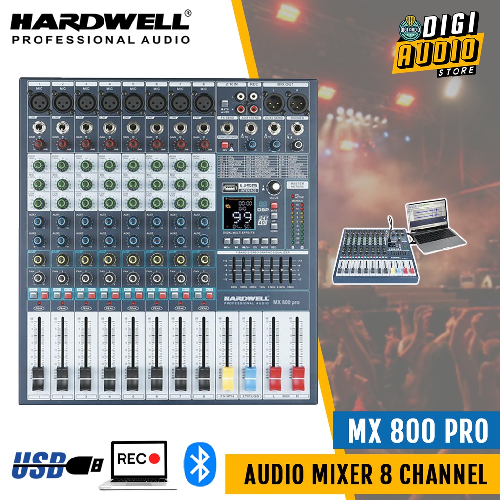 Audio Mixer 8 Channel HARDWELL MX 800 PRO - USB Soundcard Recording - Bluetooth Music - Mp3 USB Play