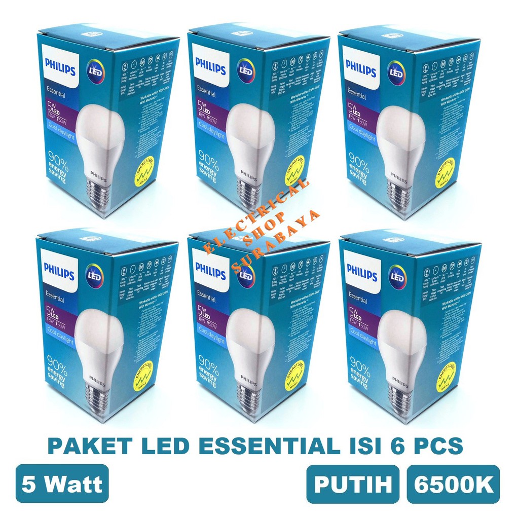 PAKET ISI 6 PCS LAMPU PHILIPS LED ESSENTIAL 5W 5 WATT PUTIH (GROSIR) PROMO MURAH