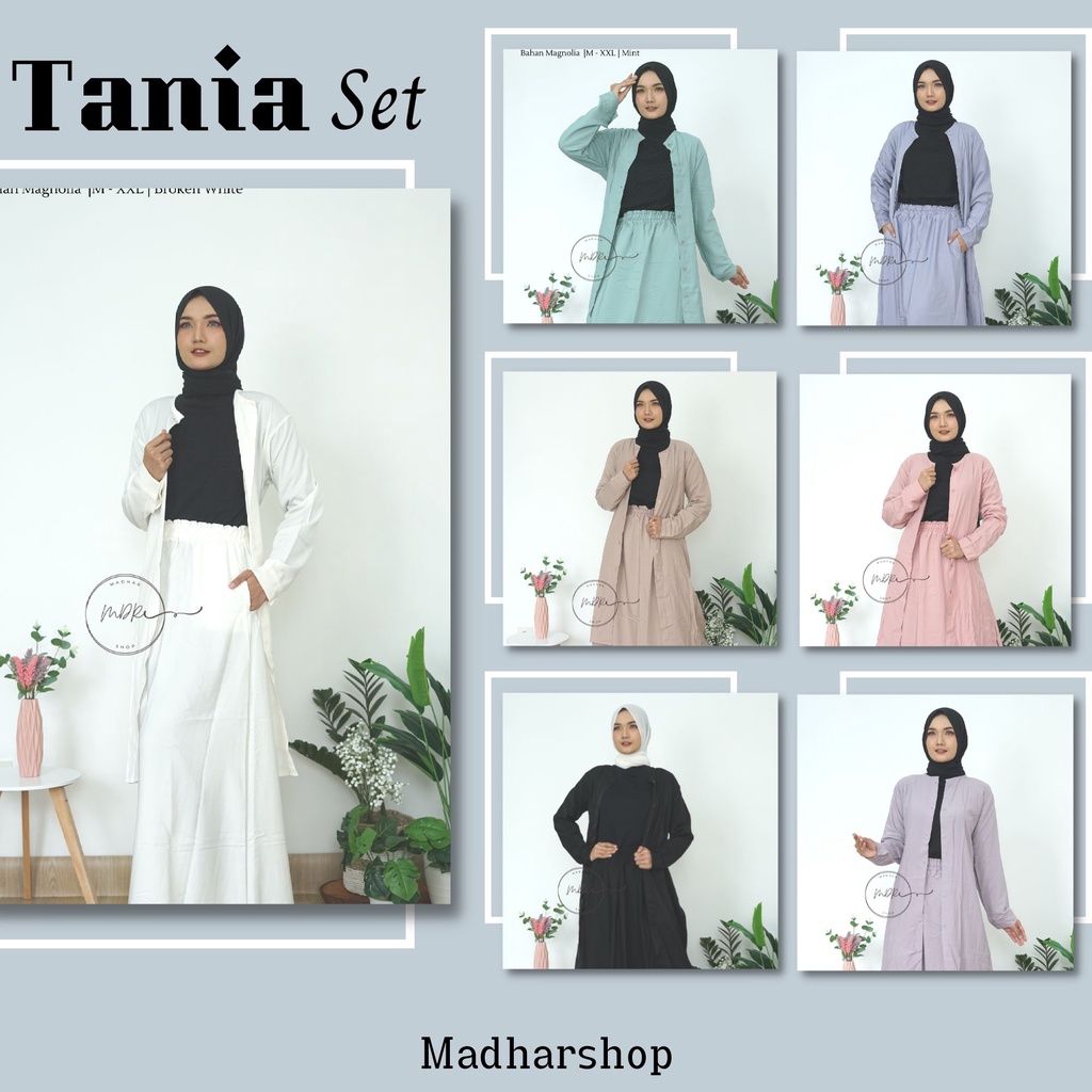 Tania One Set Setelan Rok + Tunik Wanita Remaja Full Kancing Depan Busui Jumbo LD 90 - 120 Bahan Katun Magnolia Premium Size M L XL XXL /Stelan Tunik Panjang Polos Kekinian terbaru 2021