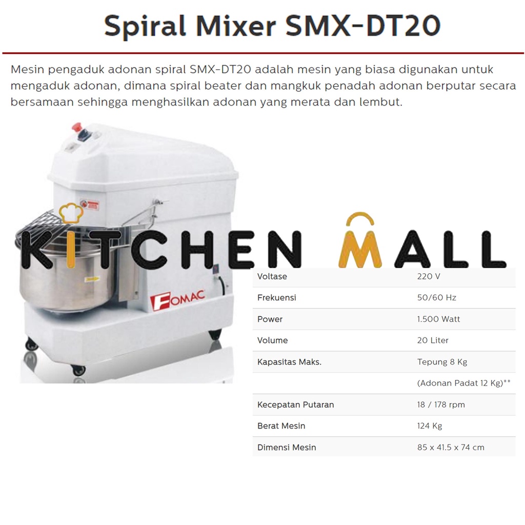 FOMAC SMX-DT20 Spiral Mixer (20 Liter) - Mixer Untuk Adonan Kue