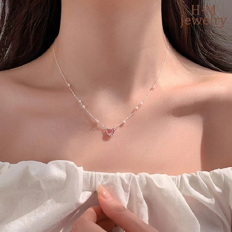 Kalung Rantai Sterling Silver 925 Dengan Liontin Hati + Mutiara Untuk Wanita