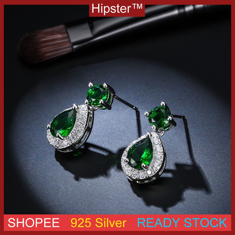 Berlian Emerald Anting-Anting Drop Berbentuk Kristal Hijau Telinga Perhiasan