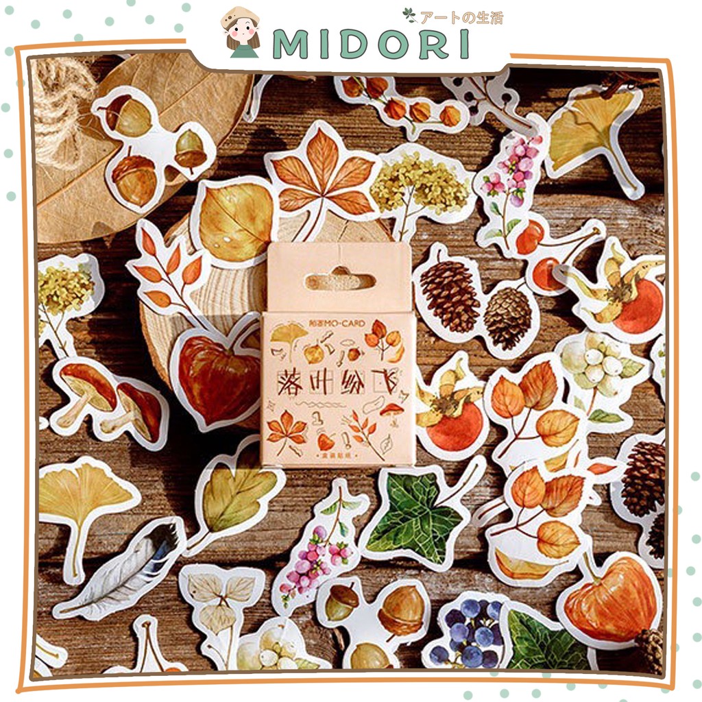 

[MIDORI] 46 Pcs FALL LEAVES Deco Sticker Planner DIY Scrapbook Stiker Dekor Daun Gugur Kotak - B0027