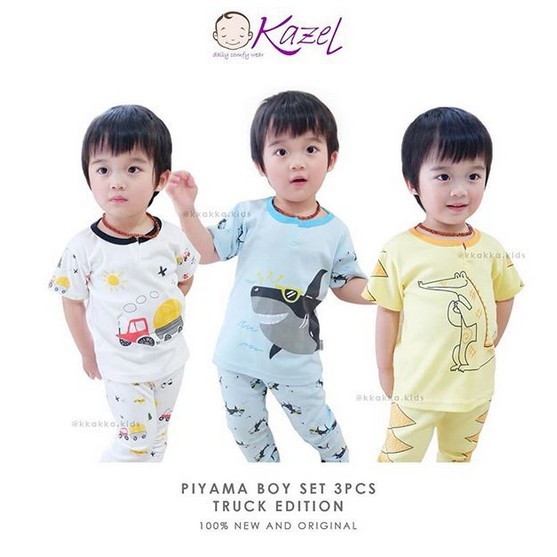 Kazel Piyama Boy Truck edition 3pcs Setelan Baju Pendek Celana Panjang Anak Laki Laki