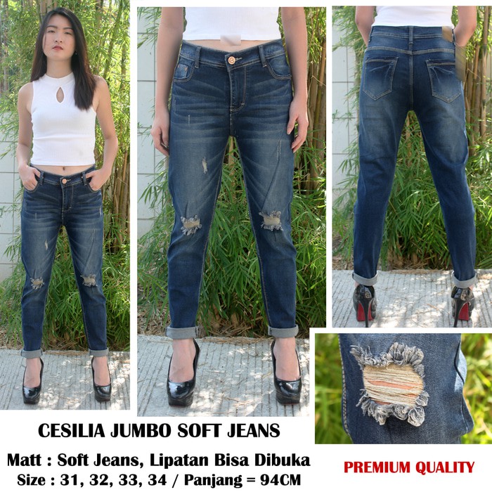 Celana Jeans Jumbo Wanita Cesilia Ripped Soft Jeans Bigsize