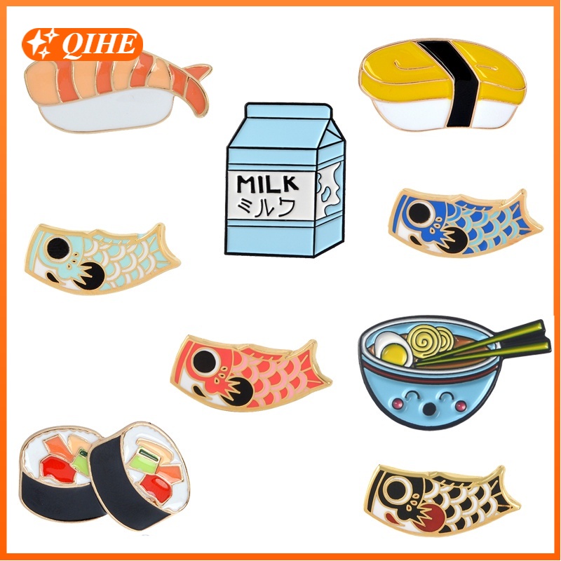 Bros Pin Enamel Desain Makanan Sushi Susu Ramen Ikan Koi Gaya Jepang Untuk Dekorasi Tas Pakaian