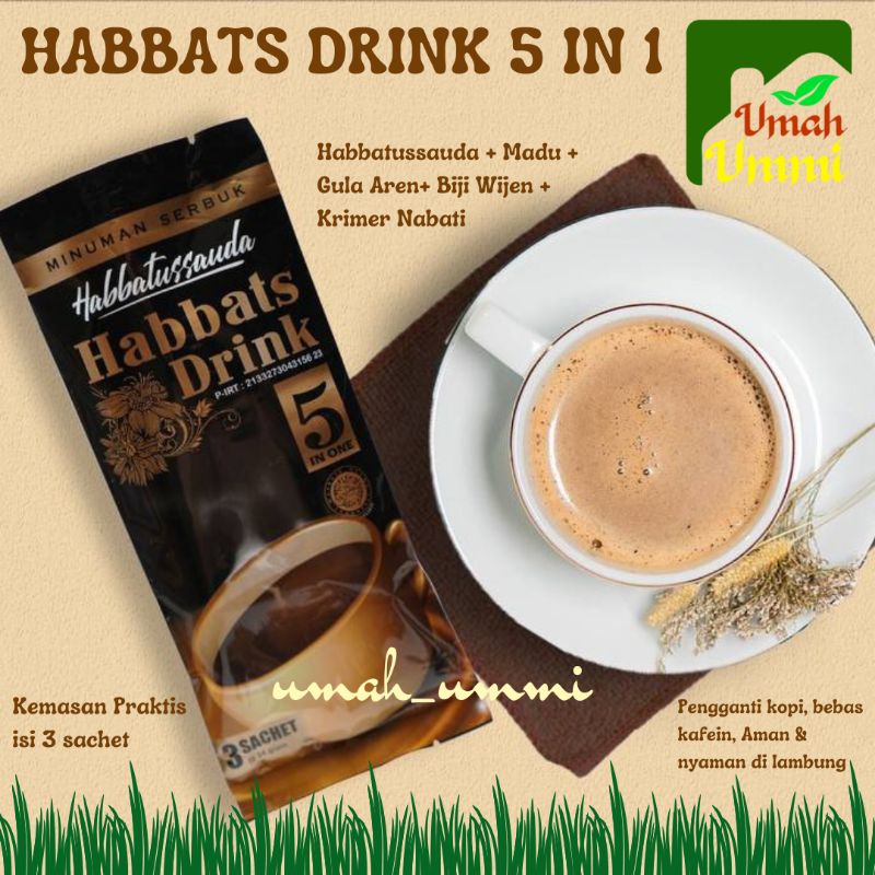 

Habbats Drink 5 in 1/Habbats Drink isi 3/Habbats Drink Sachet/Minuman Herbal Pengganti Kopi/Minuman Serbuk Habbatussauda