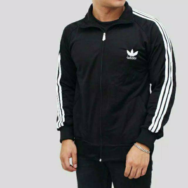 Jaket pria tracktop adidas firebird hitam strep putih polyster
