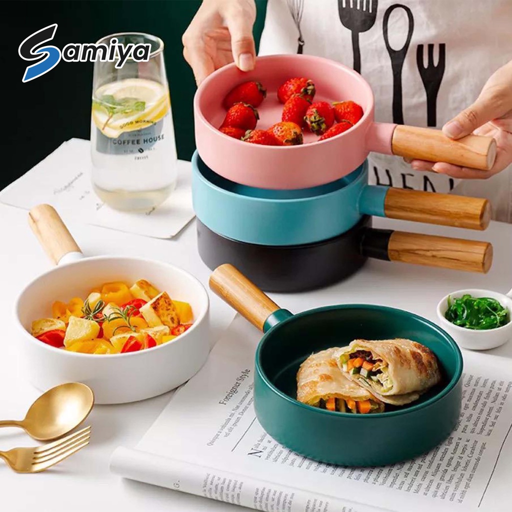 ceramic bowl korea wooden handle 420ml / piring mangkok saji salad ramen pizza bowl keramik gagang kayu / japanese rice bowl wood handle