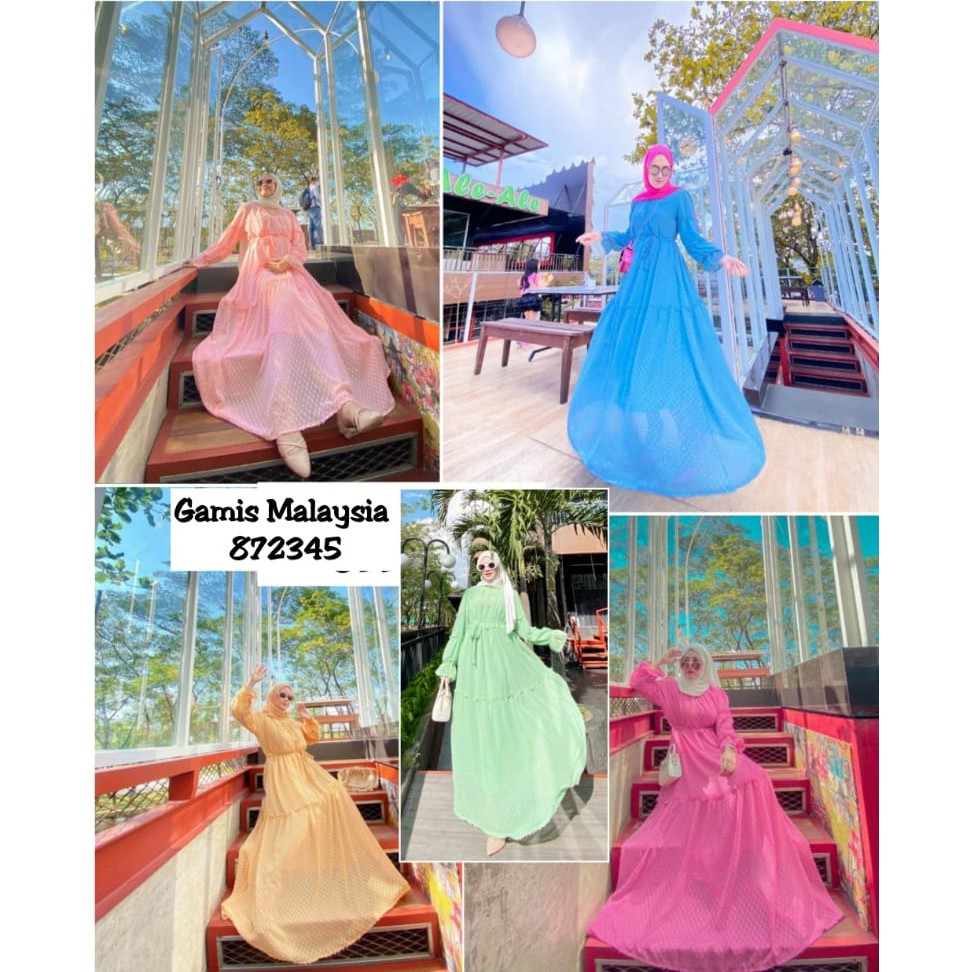 Gamis malaysia Rubby Shella rempel 2 susun lengan balon + tali bahan rubiah lapis furing merk extu