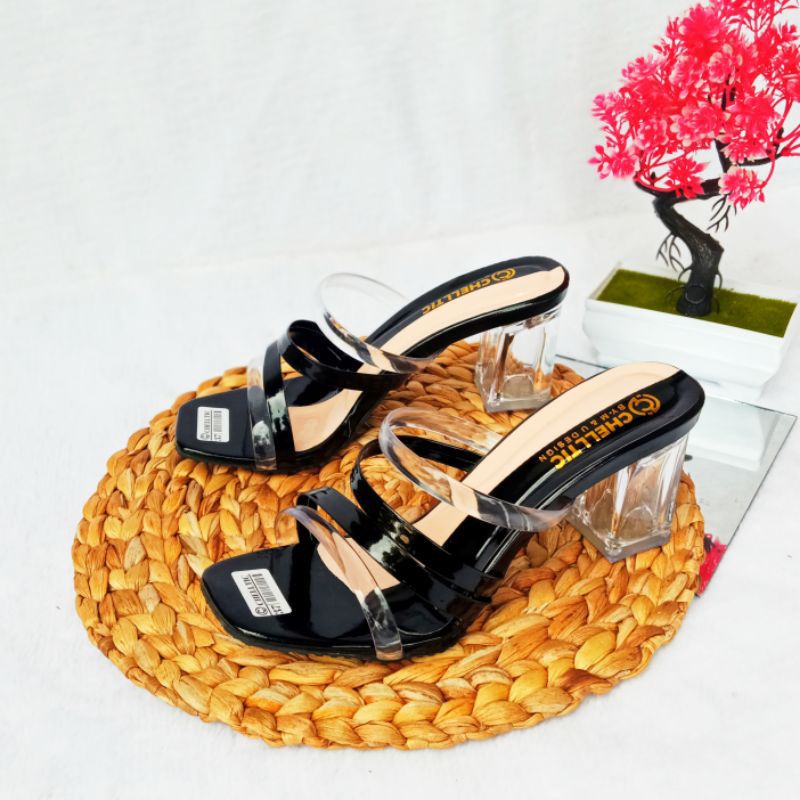 High Heels kaca transparan sandal hak tahu bening wanita wedges 5cm chelltic M-09 Black