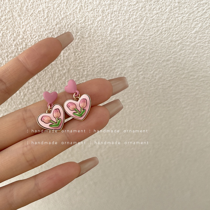 IFYOU Anting Stud Desain Bunga Hati Warna Pink Gaya Vintage Korea Untuk Wanita