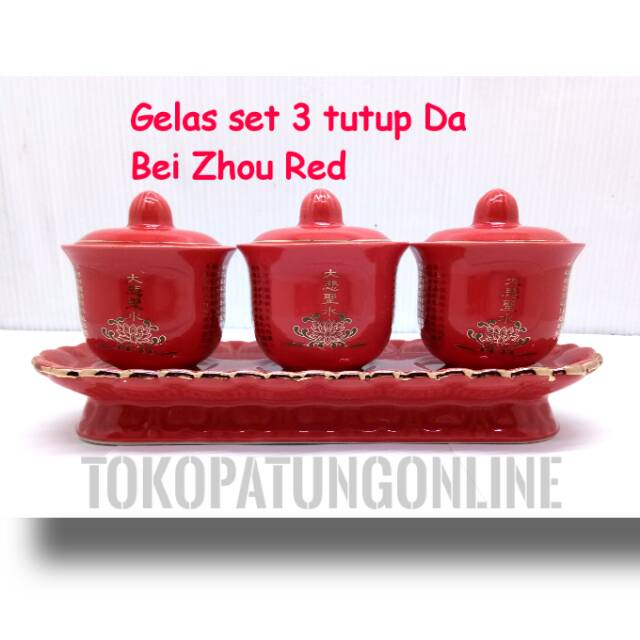 Gelas Set 3 tutup Da bei Zhou merah