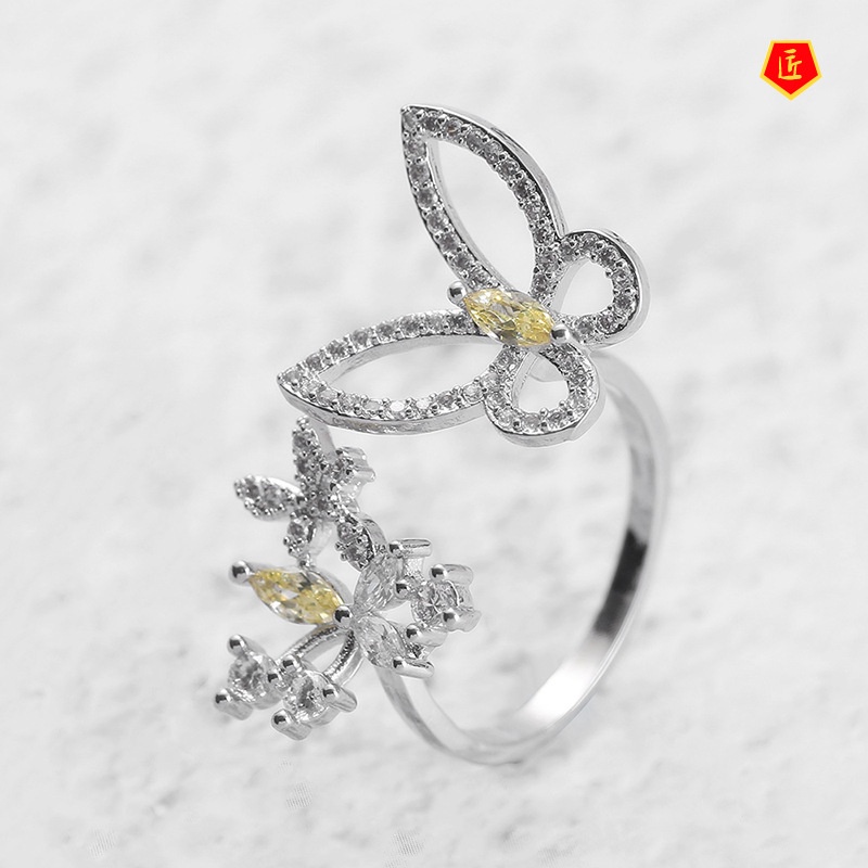 [Ready Stock]S925 Silver Personality Butterfly Opening Ring Yellow Diamond Fashion