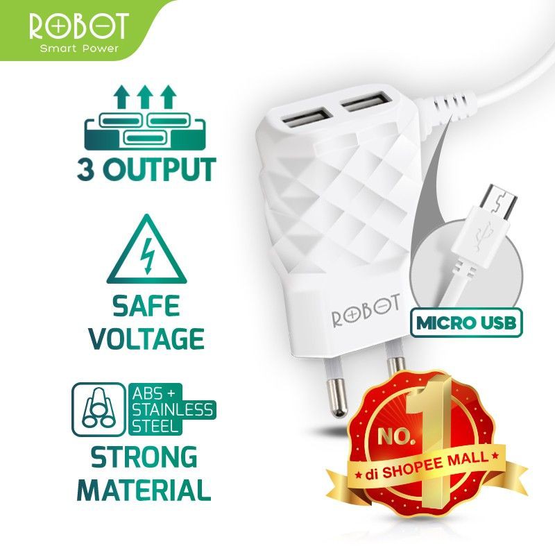 (ORIGINAL 100%)CHARGER ROBOT RT-K5 2.1A OUTPUT DUAL USB MIKRO USB ORIGINAL 100%