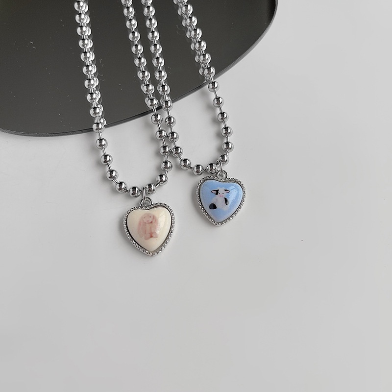 Kalung Rantai Manik-Manik Butterfly Hati Warna Pink Ungu Gaya Korea Untuk Wanita
