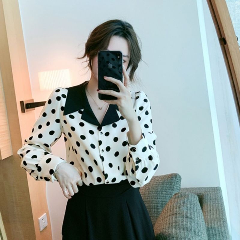 MDLV - 2160# Polkadot Notched Collar Shirt Blouse Polkadot Atasan Polkadot Lengan Panjang Fashion Import