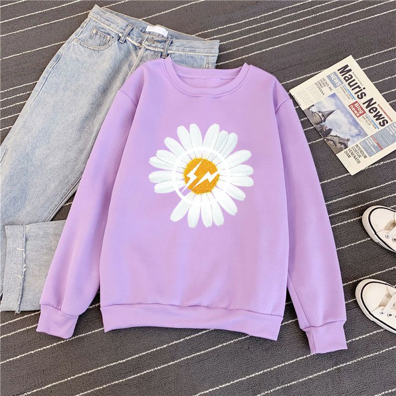 Sweater DAISY Flower (S - 6XL) Sweatshirts BIG SIZE OVERSIZE Unisex Katun Fleece S M L XL 2XL 3XL 4XL 5XL 6XL Putih Lilac Hitam Baby Pink Putih Abu Grey Maroon