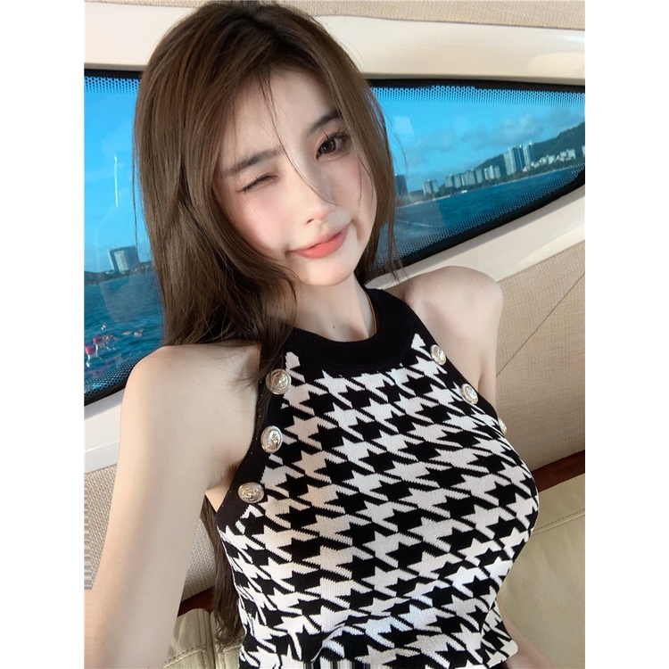 Suhao Black Strawberry ~ Tank Top Knit Houndstooth Pendek Fashion Sling Off-Shoulder