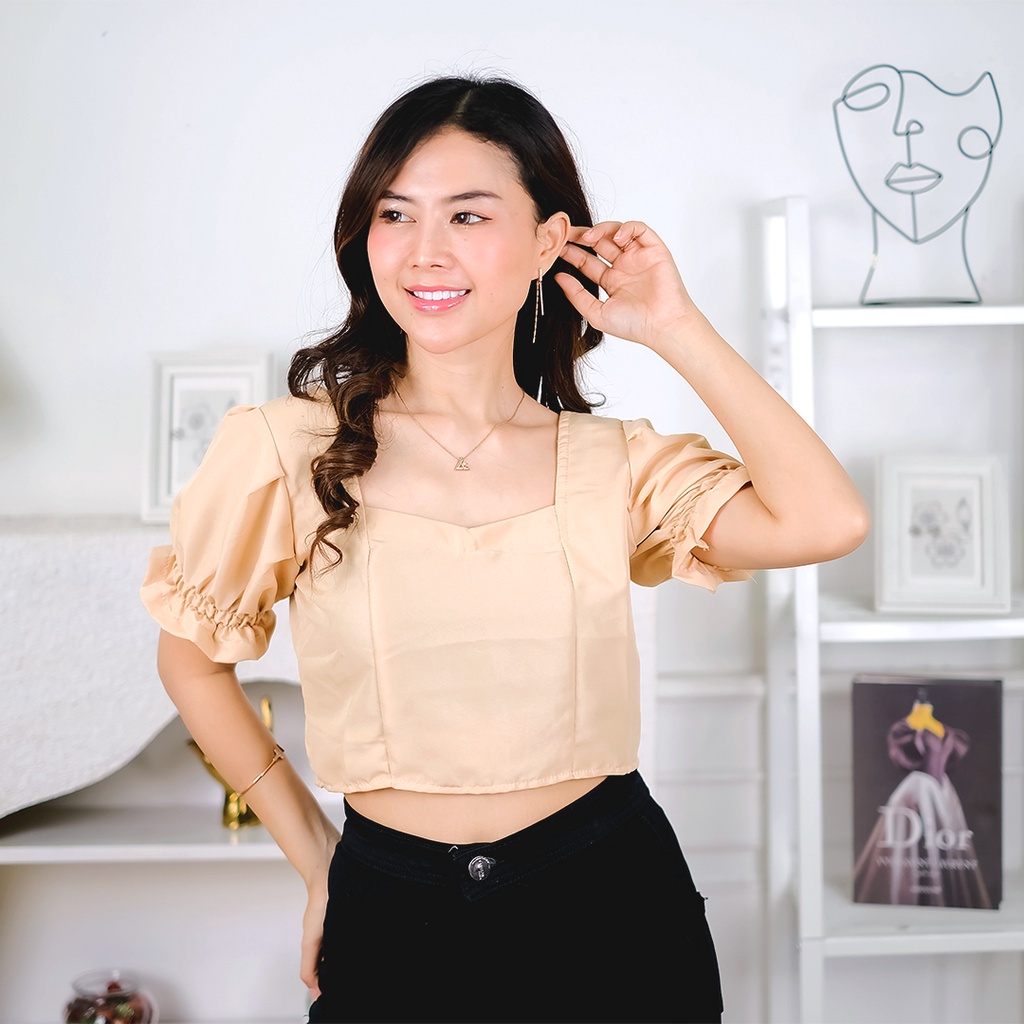 Tq88indonesia Fashion Baju Atasan Wanita Terbaru /  Viola Crop Top / Blouse Lengan Pendek / Busana Casual Cewek / Ootd / Outfit