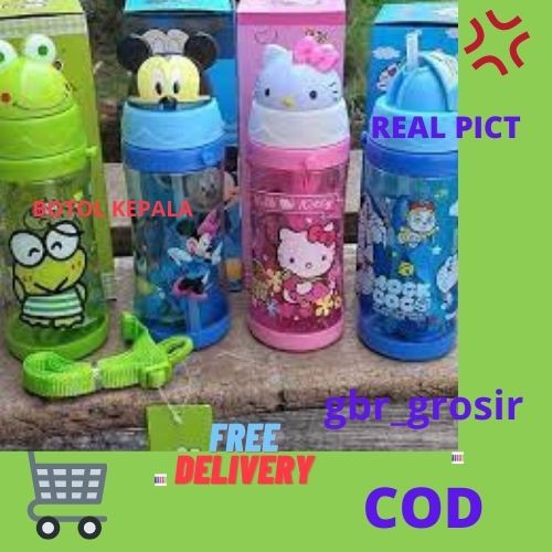 Botol minum kepala karakter Doraemon Hello Kitty Keropi Mickey Mouse BPA FREE