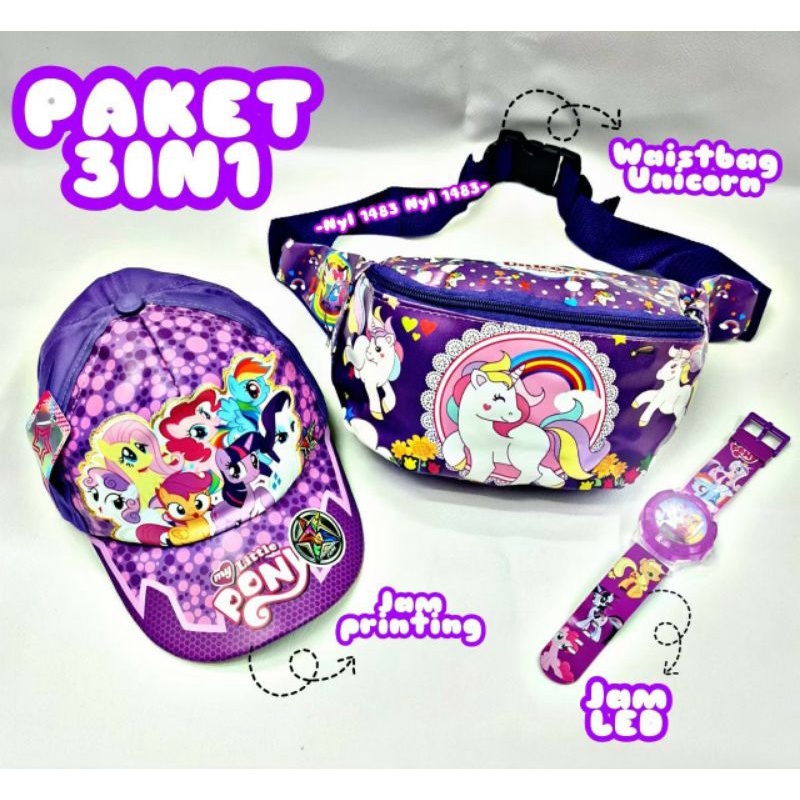 Paket Murah 3in1 tas selempang waistbag anak Perempuan + topi dan jam tangan