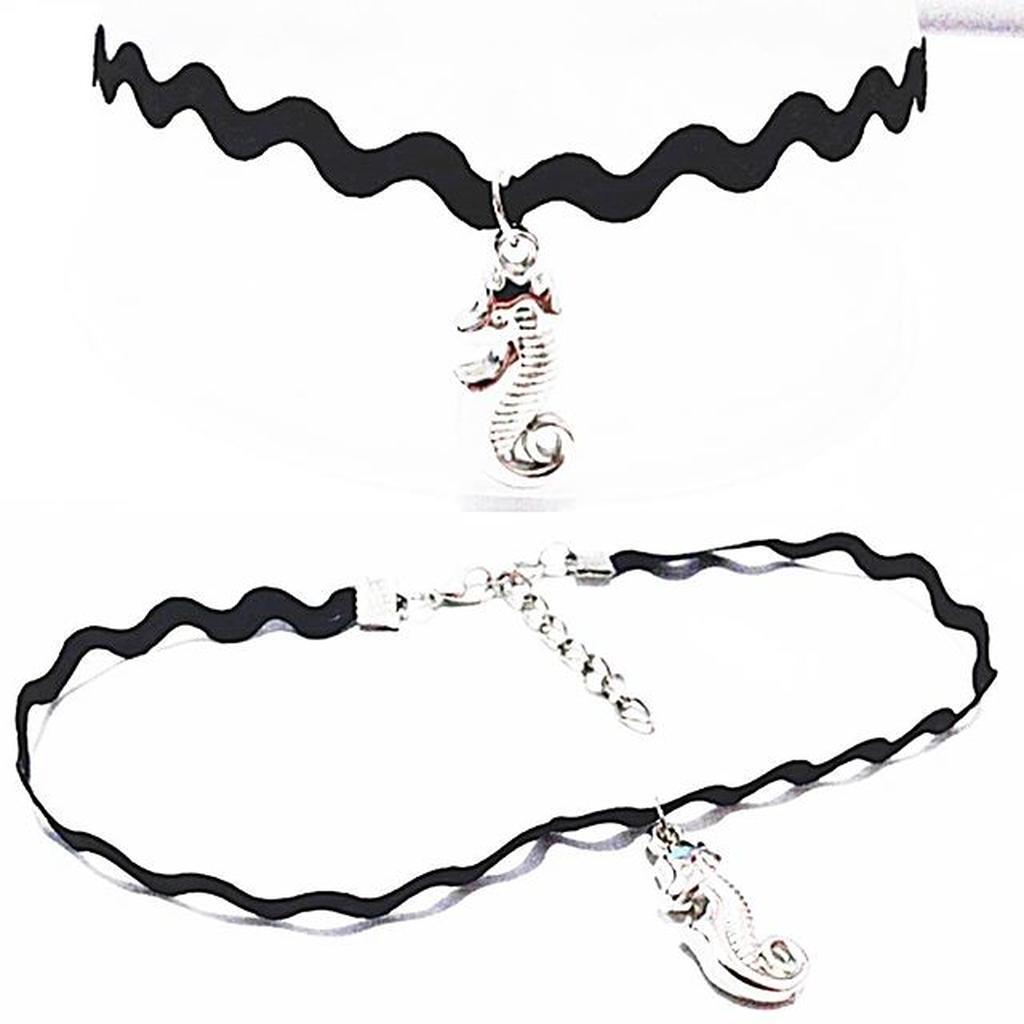 Zigzag Choker Necklace Silver Seahorse | Kalung Handmade Black