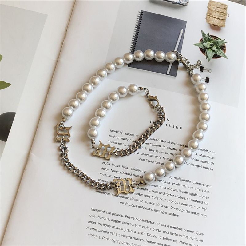 SIY  2Pcs Women Elegant White Pearl Metal Choker Bracelet Necklace Statement Jewelry Set Fashion Jewelry