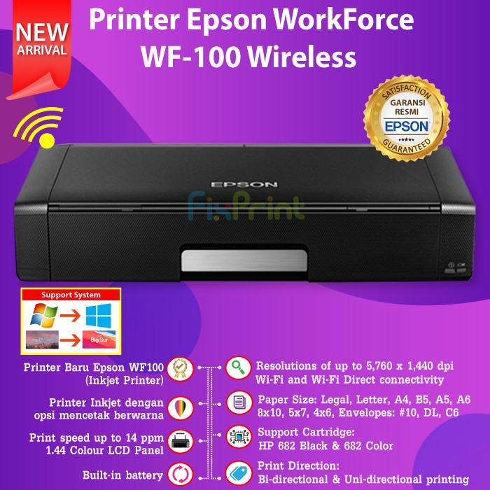 Printer Epson WF-100 WorkForce WF100 Printer Portable Wireless WiFi Tinta Cartridge C13T289 C13T290