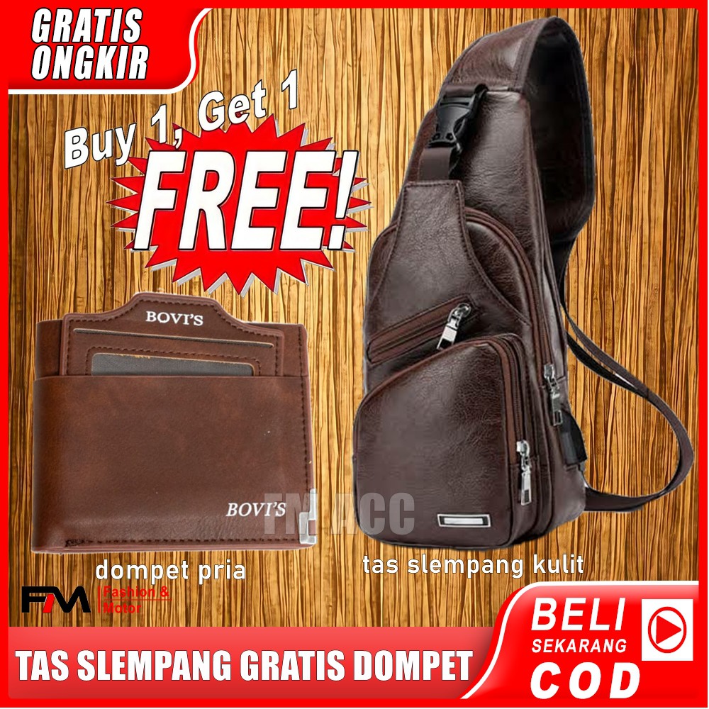 Tas Selempang Waisbag Kulit Pria Premium GRATIS Dompet Pria Kulit Premium-Dompet Kulit J09 - Choklat