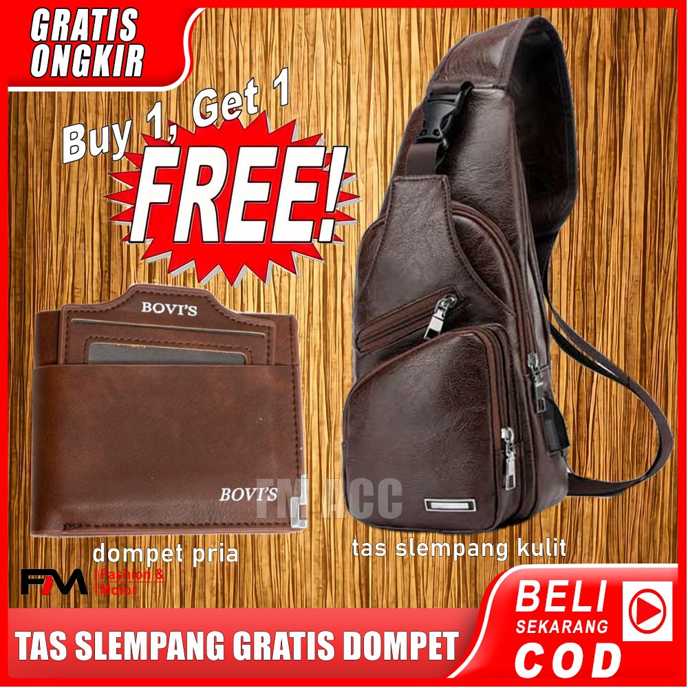 Tas Selempang Waisbag Kulit Pria Premium GRATIS Dompet Pria Kulit Premium-Dompet Kulit J09 - Choklat