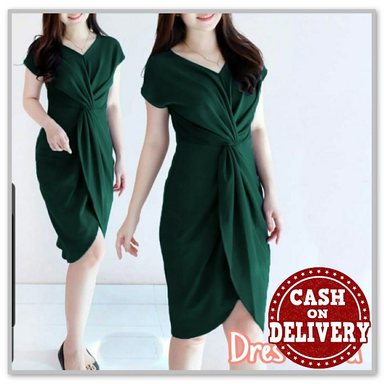 Dress Vintage Square Neck Dress Dress Sabrina Dress Korea Korean  KB254 Dres Kaura Hijau Botol [Dre