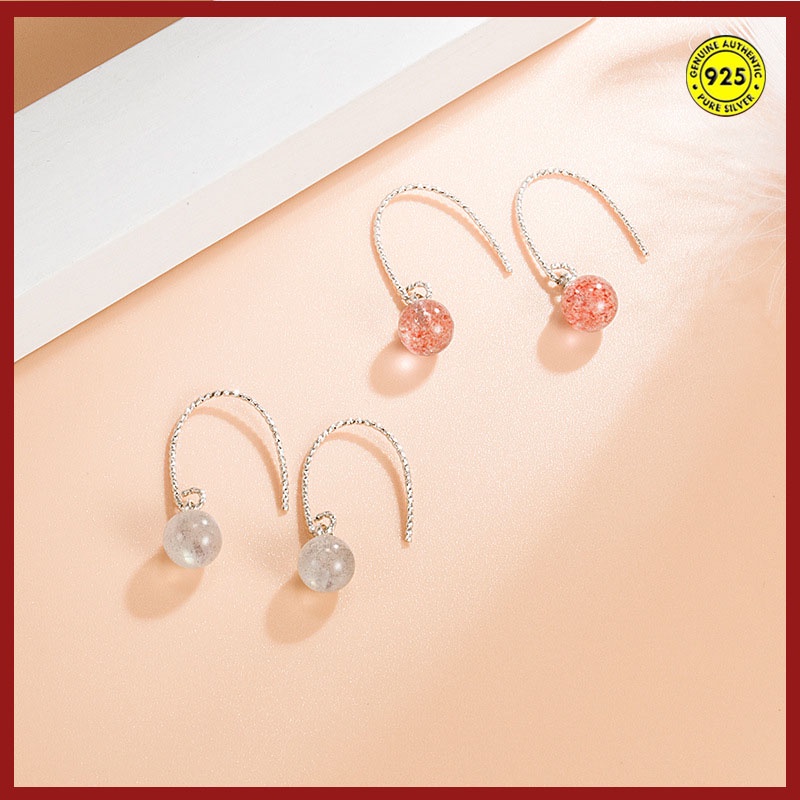 Anting Kait Desain Moonstone Strawberry Kuarsa Anti Alergi Untuk Wanita