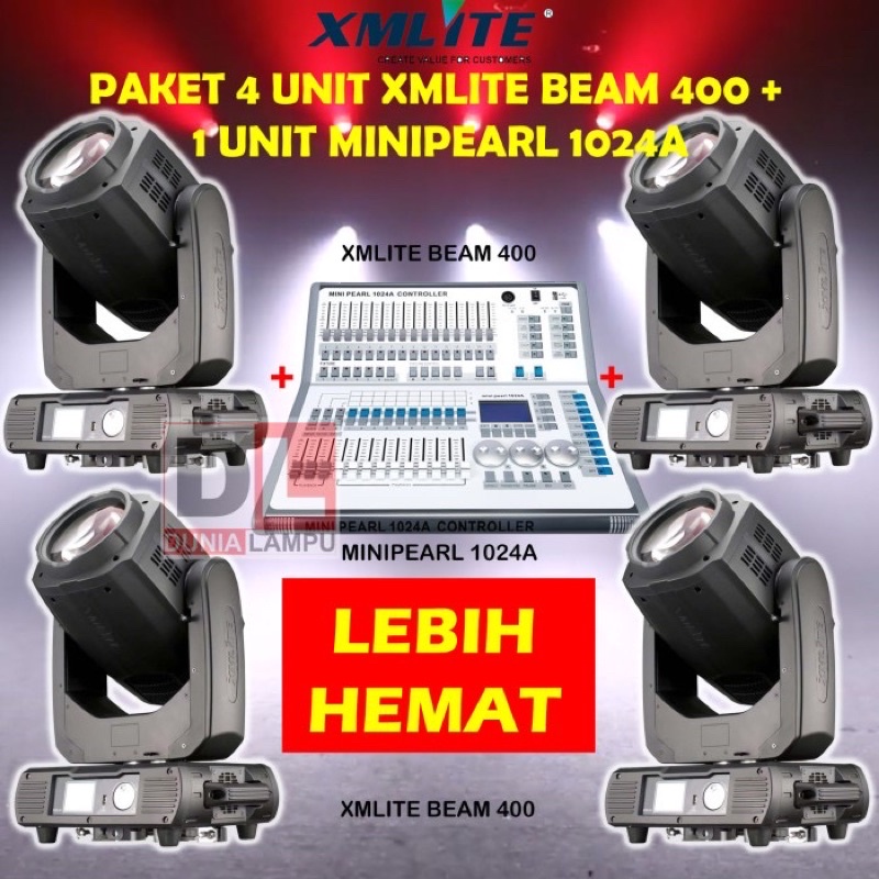 PAKET HEMAT 4 UNIT XMLITE MOVING BEAM 400 + 1 UNIT DMX MINIPEARL 1024A