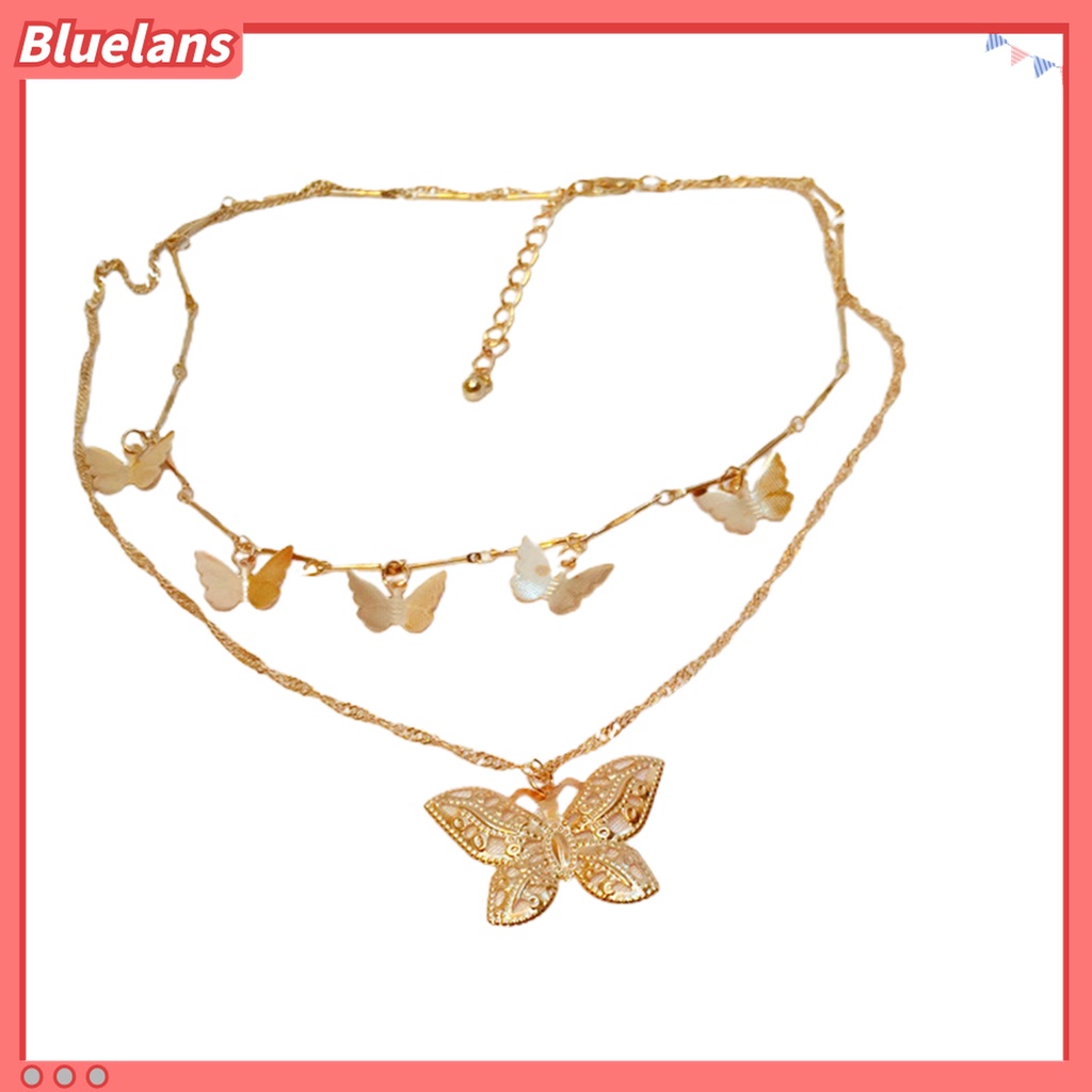 Bluelans Kalung Rantai Choker Klavikula 2 Lapis Dengan Liontin Kupu-Kupu Untuk Wanita
