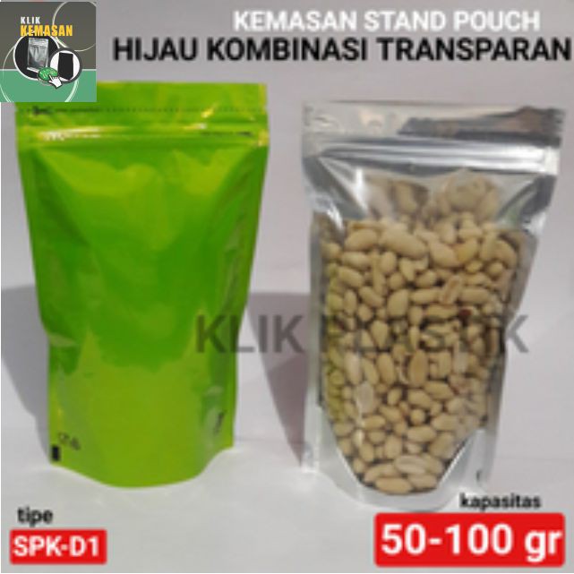 KEMASAN STANDING POUCH HIJAU KOMBINASI 50-100GR/PLASTIK KLIP SNACK