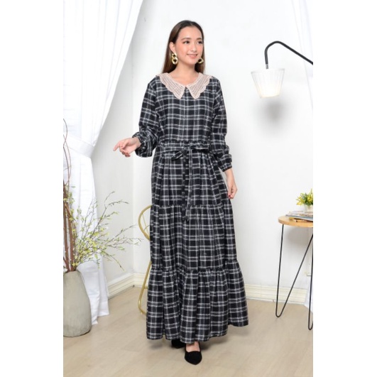 KOREAN MAXI DRESS FLANEL KOTAK PREMIUM RENDA 3510