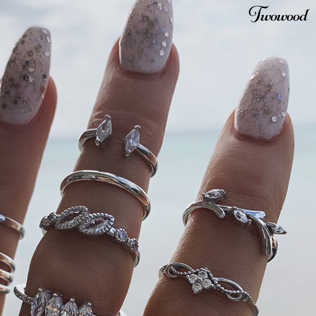 15pcs / Set Cincin Jari Stackable Aksen Berlian Imitasi Gaya Bohemian Untuk Wanita