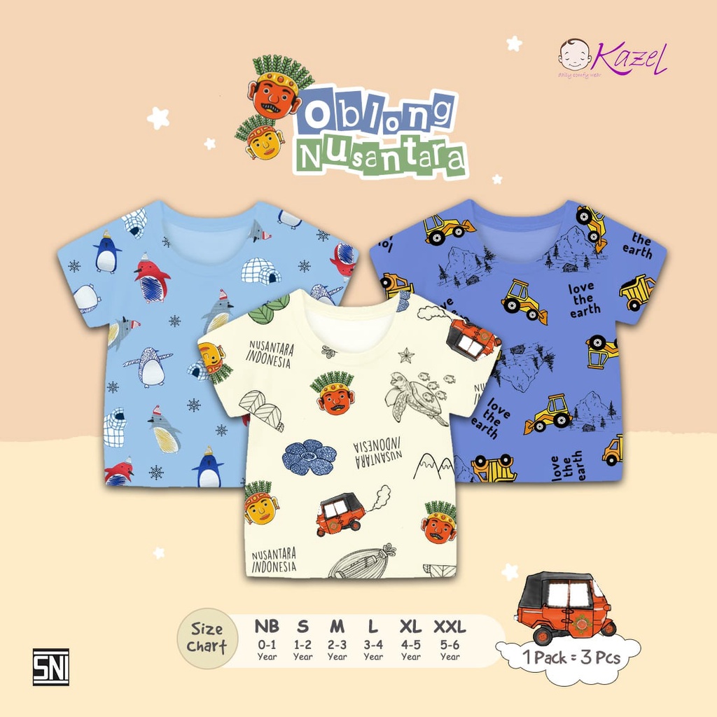 3pcs KAZEL OBLONG NUSANTARA / JURASSIC / SPACE TSHIRT ANAK ATASAN ANAK BAJU ANAK PAKAIAN ANAK 1-6 TH