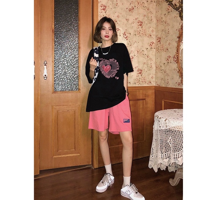 baju wanita oversize cartoon doodle T-shirt lengan pendek kaos korean style kaos hitam