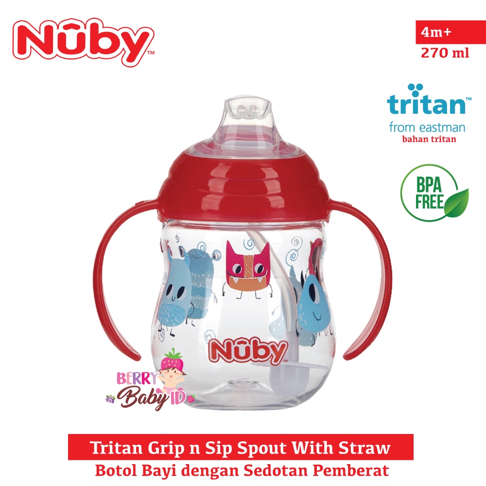 Nuby Tritan Grip n Sip Spout With Straw Training Cup Botol Sedotan Bayi Anak BPA Free Berry Mart