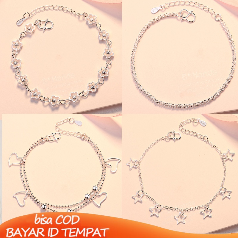 COD Gelang Wanita Korea 925 Perak Berbentuk Hati Rantai Bunga Bintang Liontin Fashion Aksesoris Gelang Hadiah Ulang Tahun