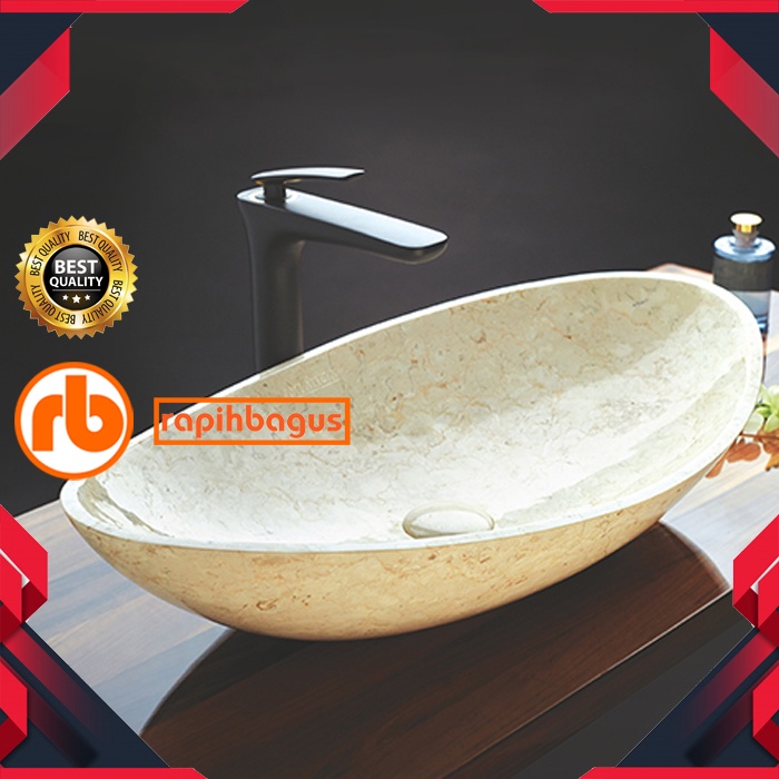 wastafel batu marmer oval halus glossy 50cm marble sink bathroom wash basin pipa sifon afur standar 