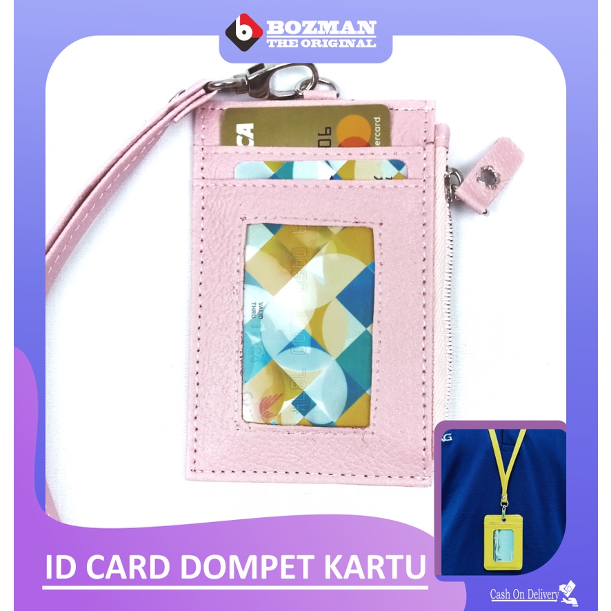 Lanyard ID Card NameTag Resleting Dompet Card Holder Kulit PU Leather Premium