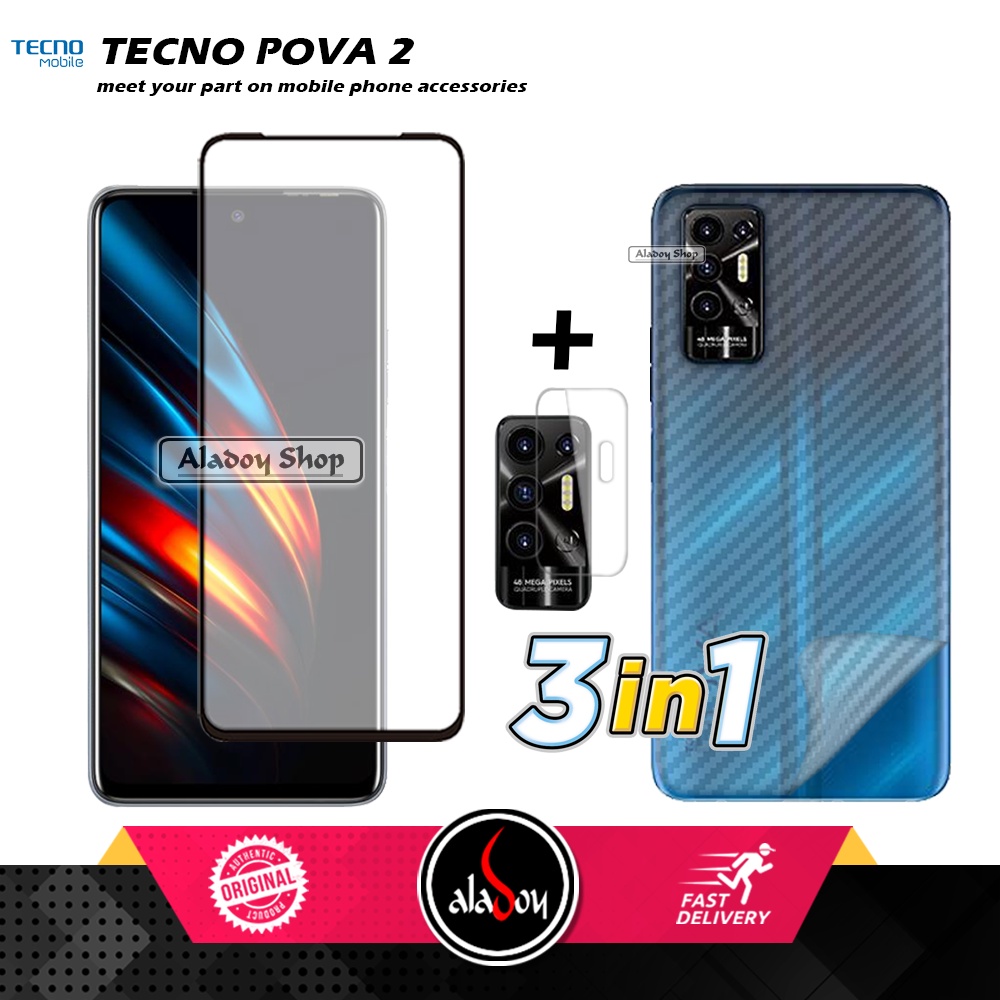 PAKET 3 IN 1 Tempered Glass Layar Tecno Pova 2 Free Tempered Glass Camera dan Skin Carbon