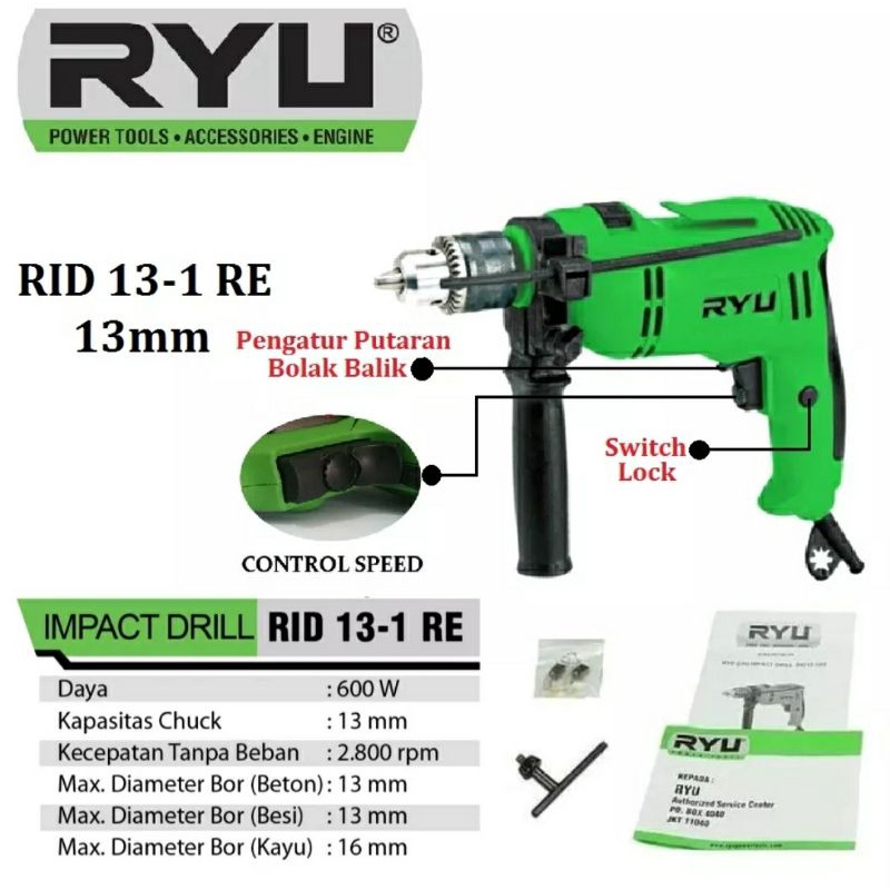 RYU RID 13-1RE Mesin Bor Beton 13mm Impact Drill Varible Speed Murah Original