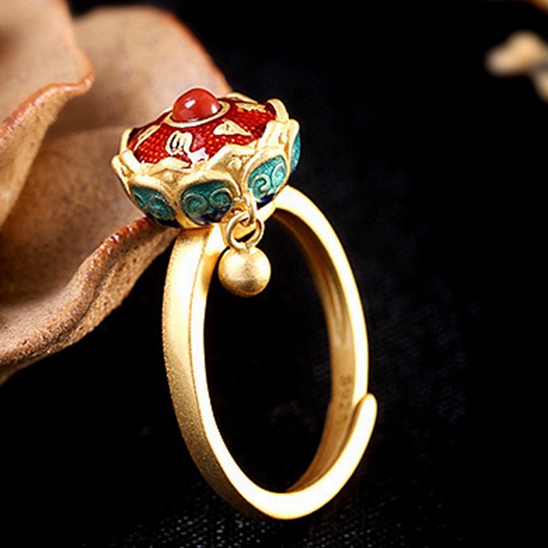 Cincin S925 Pure Silver Model Bunga Teratai Cloisonne Gaya Retro Untuk Wanita