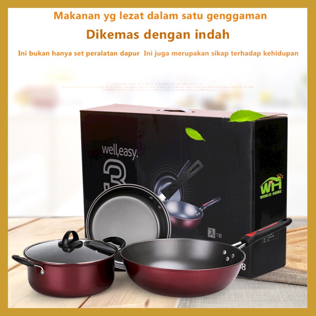 Panci 1 Set 3 Pcs Wajan Penggorengan Teflon Anti Lengket Serbaguna