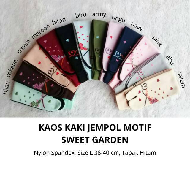 Kaos Kaki Jempol Wanita Muslimah/Ahwat Motif Sweet Garden (Nylon Spandex Size L Tapak Hitam Panjang)